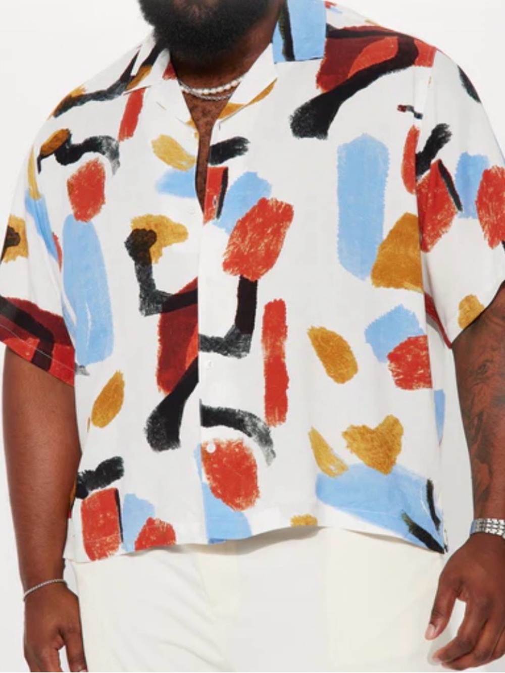 Abstract Brushstroke Short-Sleeve Shirt - White with Red, Blue & Gold Accents